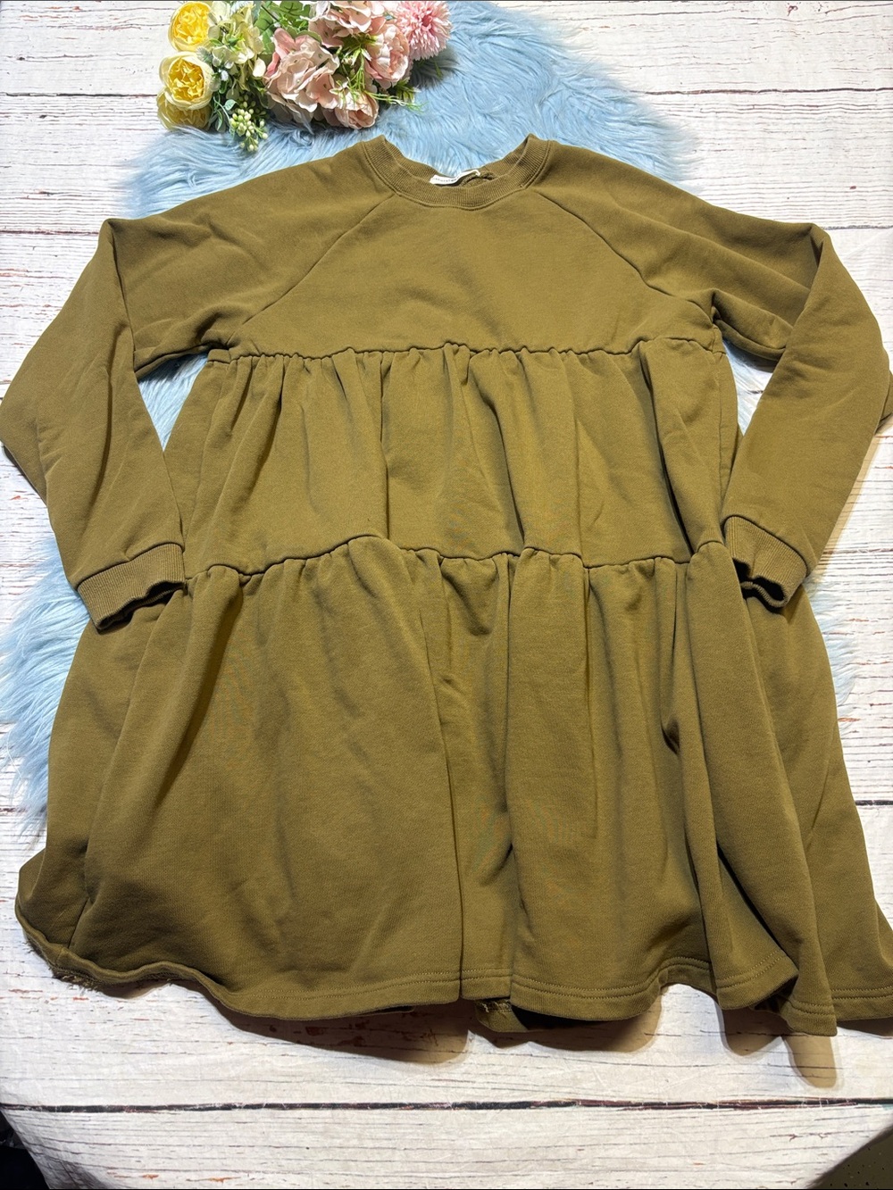 NATURAL LIFE Olive Green Tiered Long-Sleeve Mini Dress sz XS/S